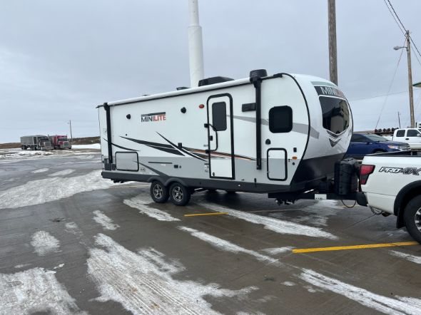 Travel trailer hitched to a pickup